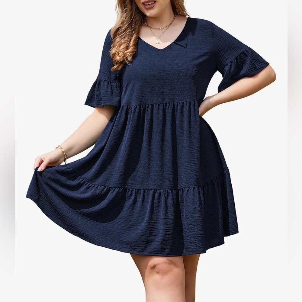 IN'VOLAND Plus Size  Dress Ruffle Babydoll Dresses V Neck Flowy Swing Dress 22W